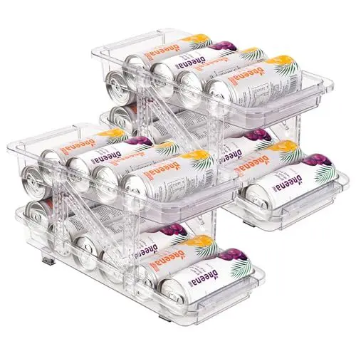 Produktbild: Voency 2 Stück Rollen Kühlschrank Organizer Dosenspender Dosenhalter, 2 Tier Getränkedosen Bier Soda Dosen Aufbewahrungbox für Kühlschrank Küche Pantry Kabinett