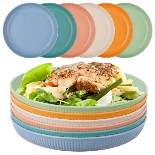 Produktbild: Voency 6 Stück Speiseteller Set, Camping Teller, Unzerbrechliche Kunststoff Picknickteller, Snackteller, Mikrowellen- und Spülmaschinenfest, Leicht Teller für Salat Pasta Party Zuhause, 6 Farben