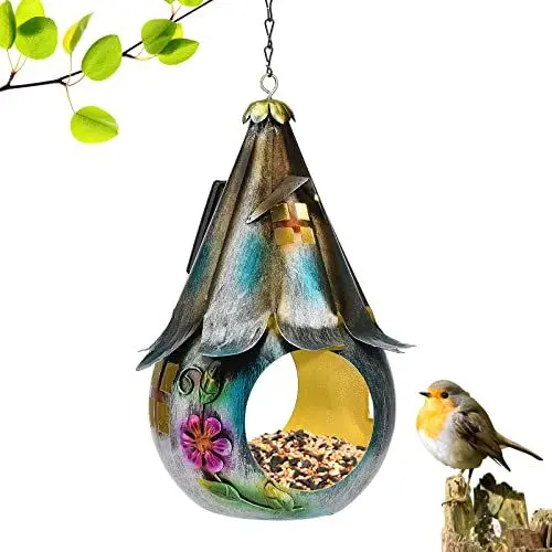Produktbild: Vogelfutterstation Zum Aufhängen, Solar-Vogelfutterhaus, Metall, Eisen, Solar-Vogelhaus, Vogelfutterhaus, Metall, Wasserdicht, Außenlaterne, Lichter, Wildvogel-Futterspender, Gartendekoration(#1)