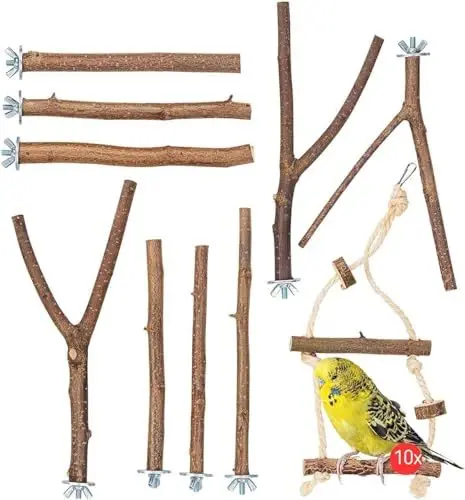 Produktbild: Vogelgaleria® 10er Natur Sitzstangen Set für Vögel inkl. GRATIS Schaukel und 3 Y Stangen für Wellensittich, Nymphensittich & Co