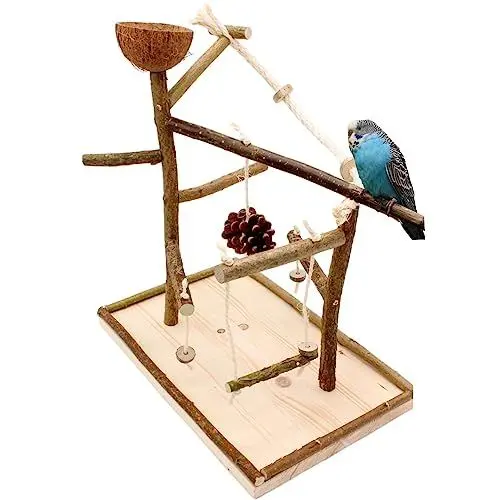 Produktbild: Vogelgaleria® Luxus Vogelspielplatz aus Natur Holz mit Abnehmbarer Futterschale | Ideales Spielzeug bei Freiflug für Wellensittich Nymphensittich | Vogelspielzeug