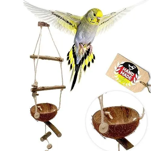 Produktbild: Vogelgaleria® Vogelspielplatz für Wellensittich Nymphensittich Vogelschaukel Vogelspielzeug Kokosnuss
