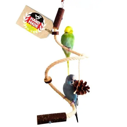 Produktbild: Vogelgaleria® handgemachtes Wellensittich Spielzeug | Kletterspirale mit Natur Knabberringen für Vögel | Gesundes Wellensittich Zubehör für den Vogelkäfig oder Voliere