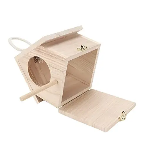Produktbild: lyrlody Vogelhaus aus Naturholz mit Ständer, Holz Vogelhaus Holz Vogelhaus mit Dach Natürliches hängendem Seil für kleine Vögel, wetterfest, insektenresistent