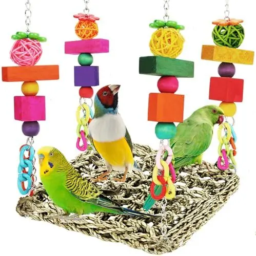 Produktbild: Vogelspielzeug, Sittichspielzeug, Vogelfutter, Wandspielzeug, Seegras, gewebte Hängematte, Schaukelmatte zum Klettern, Barsch, Schaukel, mit Buntem Holzkauspielzeug für Lovebirds, Sittiche (Mitte)