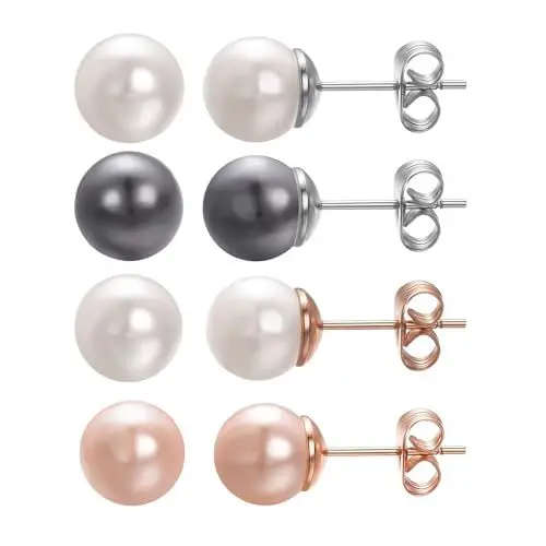 Produktbild: Vogem 4 Paar Ohrstecker Perlen 8mm Runde Perle Modeschmuck Ohrringe Damen Kleine Piercing Ohrstecker Set