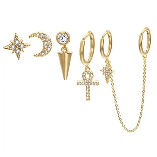 Produktbild: Vogem 5 Stück Gold Creolen Ohrstecker Set Damen Zirkonia Kleine Huggie Ohrringe Mehrere Piercings