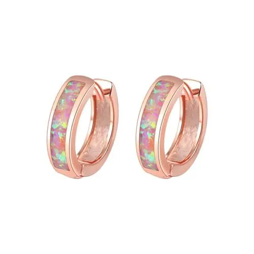Produktbild: vogem Opal Ohrringe Damen Rosegold Plattiert Feueropal Ohrringe Created Huggie Ohrringe Rose Opal Kleine Creolen Ohrringe Schmuck Geschenk