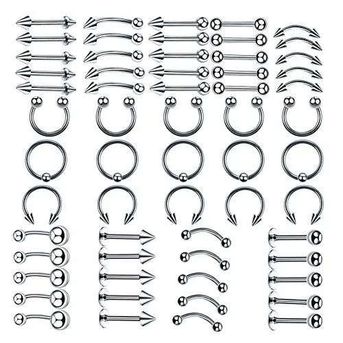 Produktbild: vogem 60PCS Helix Piercing Set Silber Edelstahl Körperschmuck Studs Barbells Bananabells für Ohr Lippe Nase Zunge Augenbrauen Nippel Piercing Ring Multizweck