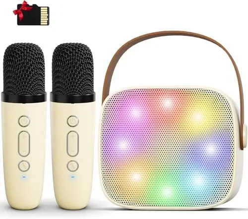 Produktbild: Voijump Karaoke Maschine mit 2 Karaoke Mikrofonen Kinder Mikrofon Karaoke Box mit Farbigen Lichtern Stimme ändern für 3-12 Jahre Bluetooth MusikLautsprecher