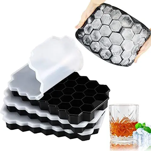 Produktbild: VoJoPi Eiswürfelformen, 3 Stück Silikon-Eiswürfelformen mit stapelbaren Deckeln, leicht zu lösendes Silikon und jede ergibt 37 sechseckige Eiswürfel, hält Gin, Getränke, Whiskey, Schwarz
