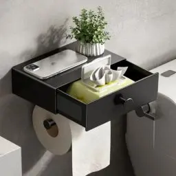 Produktbild: VOLDRA Toilettenpapierhalter Ohne Bohren, Klopapierhalter Mit Feuchttücherbox Klorollenhalter mit Schublade Ablage Papier Halterung für Wc & Bad-Wandhalterung(Matt-schwarz)