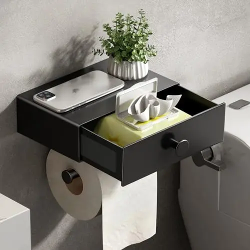 Produktbild: VOLDRA Toilettenpapierhalter Ohne Bohren, Klopapierhalter Mit Feuchttücherbox Klorollenhalter mit Schublade Ablage Papier Halterung für Wc & Bad-Wandhalterung(Matt-schwarz)