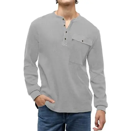 Produktbild: Volemo Henley Shirt Herren Langarm Tshirt Langarmshirts für Herren Freizeithemden mit Brusttasche Grau XL