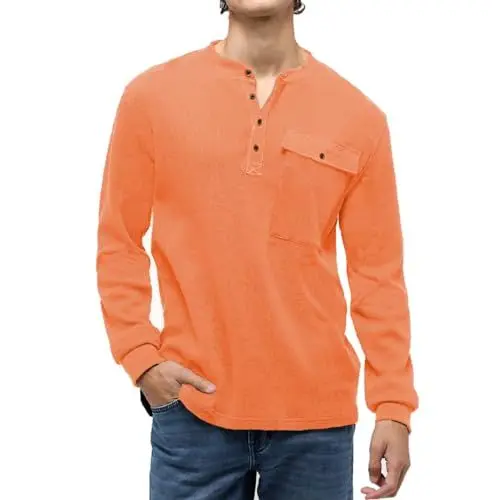 Produktbild: Volemo Henley Shirt Herren Langarm Tshirt Langarmshirts für Herren Freizeithemden mit Brusttasche Orange XXL