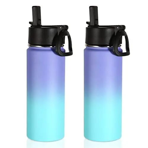Produktbild: Volhoply 530ml Trinkflasche Edelstahl Zwei Packungen,Doppelwandig Vakuum Isolierte Thermosflasche mit Strohhalm,Metall BPA-Frei Thermoskanne für kinder, Schule, Outdoor(Lila-Blau Farbverlauf,2 Set)