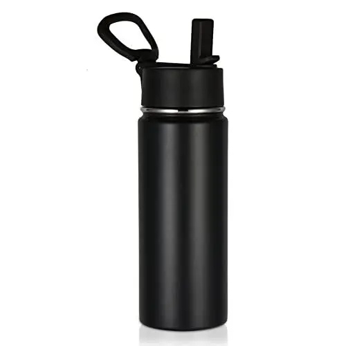 Produktbild: Volhoply 530ml Trinkflasche Edelstahl mit Strohhalm,Doppelwandig Vakuum Isolierte Thermosflasche Kinder,Metall Auslaufsicher Water Bottle,BPA-Frei Thermoskanne für Sport,Schule, Outdoor(Schwarz,18 OZ)