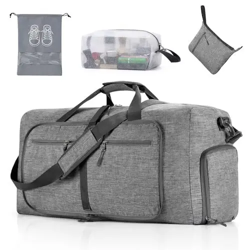 Produktbild: Vomgomfom 65L Faltbare Reisetasche, Große Sporttasche mit Extra Kulturbeutel und Schuhtasche, Unisex, Grau