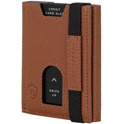 Produktbild: VON HEESEN Slim Wallet mit XL Münzfach & RFID-Schutz - Leder Geldbeutel - Mini Geldbörse für Herren und Damen - Kartenetui Echtleder Karten Portemonnaie klein - Kreditkartenetui Cognac-Braun