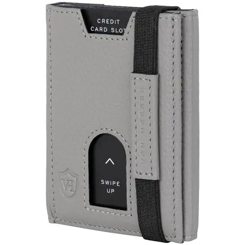 Produktbild: VON HEESEN Leder Slim Wallet - Geldbeutel mit RFID Schutz - Mini Geldbörse für Herren und Damen - Kartenetui Echtleder Karten Portemonnaie klein - Kreditkartenetui Grau
