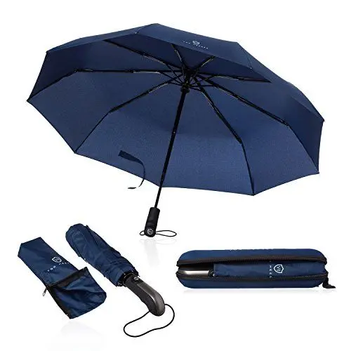 Produktbild: VON HEESEN Regenschirm sturmfest bis 140 km/h - inkl. Schirm-Tasche & Reise-Etui - Taschenschirm mit Auf-Zu-Automatik, klein, leicht & kompakt, Teflon-Beschichtung, windsicher, stabil (Blau)