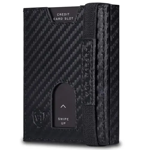 Produktbild: VON HEESEN Slim Wallet mit Münzfach & RFID-Schutz - Leder Geldbeutel - Mini Geldbörse für Herren und Damen - Kartenetui Echtleder Karten Portemonnaie klein - Kreditkartenetui Carbon-Schwarz