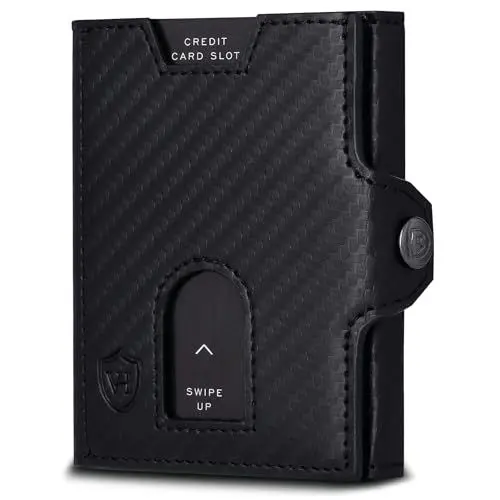 Produktbild: VON HEESEN Slim Wallet mit Münzfach & RFID-Schutz - Mini Geldbörse Herren & Damen - Kartenetui Geldklammer Kreditkartenetui - Portmonee Geldbeutel Portemonnaie klein (Carbon-Schwarz)