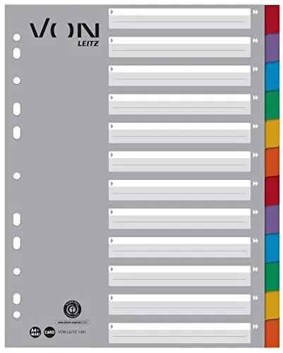 Produktbild: VON Leitz 10er Pack 12-teiliges Register A4, Blanko Trennblätter für Ordner, Extra breit, 100 % Recycling-Karton, 11-Loch-Universalregister, Mehrfarbig, 13010000