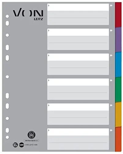 Produktbild: VON Leitz 10er Pack 6-teiliges Register A4, Blanko Trennblätter für Ordner, Extra breit, 100 % Recycling-Karton, 11-Loch-Universalregister für Hefter & Ringbücher, Mehrfarbig, 12950000