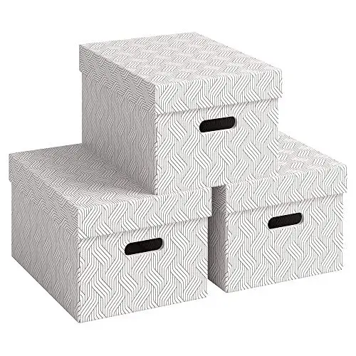 Produktbild: VON Leitz 3er Set Aufbewahrungsbox mit Deckel, 15 L, Medium, 100 % Recyclingkarton, Geometrisches Design, Für Schule, Studium & Haushalt, Weiß, 3 Stück, 61410001