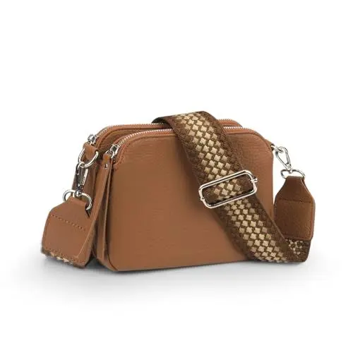 Produktbild: VONAL Umhängetasche Klein Damen Echtes Leder Crossbody Bag Damen Handytasche zum Umhängen, Moderne Handtasche Taschen mit Breitem Schultergurt für Arbeiten Einkaufen Reisen