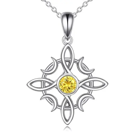 Produktbild: VONALA Hexenknoten Halskette Hexen Schmuck 925 Sterling Silber Geburtsstein Keltischer Mond Anhänger Halskette Irischer Schmuck Geschenke für Frauen Mädchen