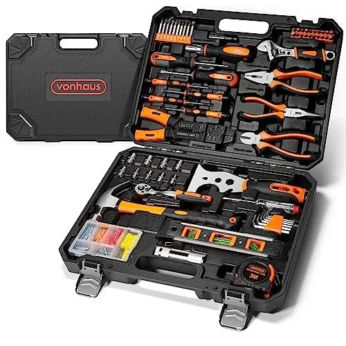 Produktbild: VonHaus Werkzeugset – Ultimativer 120-Teiliger Werkzeugkoffer – Enthält Werkzeuge, LED-Taschenlampe, Sechskantschlüssel, 3-m-Maßband & Mehr – DIY-Set, Perfekt für Anfänger – Mit Werkzeugkiste