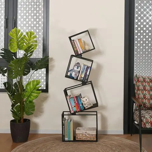 Produktbild: Vonkinka Bücherregal, 4 Ebenen Bücherregal, 125cm Standregal, Regal für Wohnzimmer, Schlafzimmer, Kinderzimmer, Schwarz (mit Installationsvideo)