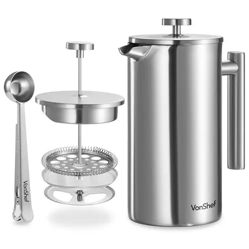 Produktbild: VonShef Edelstahl French Press für 12 Tassen, 1,5 L – Doppelwandiger Kaffeebereiter mit Messlöffel/Beutelverschluss, Spülmaschinengeeignete French Press Thermo mit Schieber