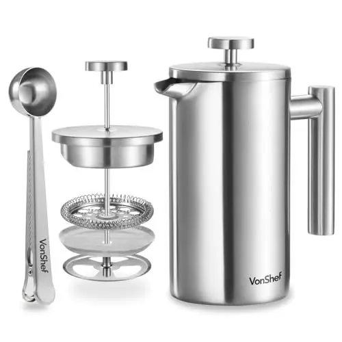 Produktbild: VonShef Edelstahl French Press für 6 Tassen, 800 ml – Doppelwandiger Kaffeebereiter mit Messlöffel/Beutelverschluss, Spülmaschinengeeignete French Press Thermo mit Schieber