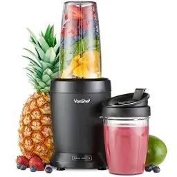 Produktbild: VonShef Mixer Smoothie Maker – Smoothie Maker für Obst, Gemüse und Crushed Ice, 1000 W/ 500 ml & 800 ml – Smoothie Maker To Go mit Mitnehmbarem Becher – Mini Mixer mit 1 Bedienknopf - Schwarz