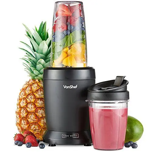 Produktbild: VonShef Mixer Smoothie Maker – Smoothie Maker für Obst, Gemüse und Crushed Ice, 1000 W/ 500 ml & 800 ml – Smoothie Maker To Go mit Mitnehmbarem Becher – Mini Mixer mit 1 Bedienknopf - Schwarz