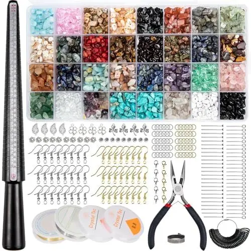 Produktbild: vookea Schmuck Selber Machen Set, 32 Farben Natürliche Edelstein-Perlen，5-8mm，1180 Stück Ringe Selber Machen Set für DIY Schmuck Halskette Armband Ohrring