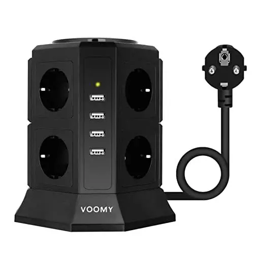 Produktbild: VOOMY 12-in-1 Steckdosenleiste mit USB, 8 Fach Steckdosen, Mehrfachsteckdose Tower mit 4 USB, Mehrfachstecker mit Überspannungsschutz und 2M Kabel, Steckdose mit Schalter für Büro, Zuhause