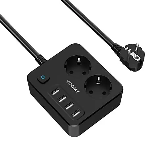 Produktbild: VOOMY 6-in-1 Steckdosenleiste mit USB, Steckdosenadapter 2 Fach mit 4 USB, Mehrfachsteckdose mit Schalter (4000W), Steckerleiste Überspannungsschutz mit 2M Kabel, Schwarz