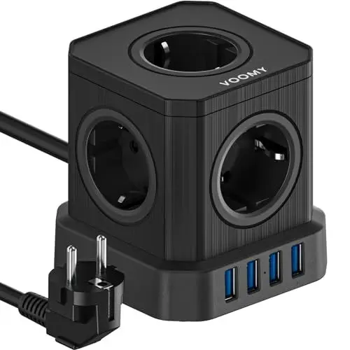 Produktbild: VOOMY 9-in-1 Steckdosenwürfel mit USB, Steckdosenleiste 5-Fach mit 4 USB, Mehrfachsteckdose mit Schalter, Steckdosenleiste Überspannungsschutz, 2500W Powercube 2M Kabel für Büro, Zuhause, Schwarz