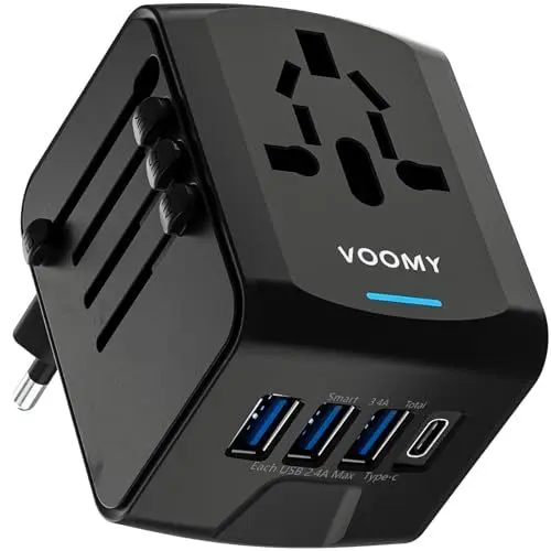 Produktbild: VOOMY Reiseadapter Weltweit, Universal Reisestecker mit 3USB, 1USB, 1AC Steckdose, Reiseadapter Europa USA Mexiko Australien Thailand, Reiseadapter Usa, Reisestecker Adapter Weltweit, Travel Adapter