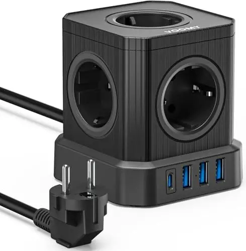 Produktbild: Voomy 9-in-1 Steckdosenwürfel Mit USB C (20W), Mehrfachsteckdose 4000W, 2M Verlängerungskabel, Mehrfachstecker Schalter, Steckerleiste Überspannungsschutz, Steckdosenleiste USB C, Schwarz
