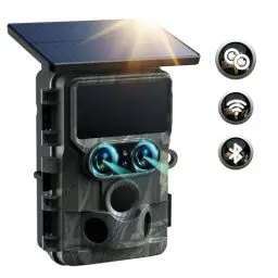 Produktbild: VOOPEAK Duales Objektiv Solar Wildkamera WLAN 4K 30FPS 60MP, Sternenlicht Nachtsicht Wildtierkamera mit Handyübertragung 0,1S Auslösezeit IMX458-Sensoren IP66 Wasserdicht für die Wildtierüberwachung