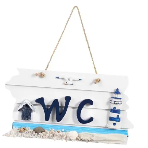 Produktbild: VORCOOL WC-Türschild aus Holz – Elegante Badezimmer-Wanddeko in Weiß/Schwarz (22x11,5x3 cm) – Mediterraner Stil