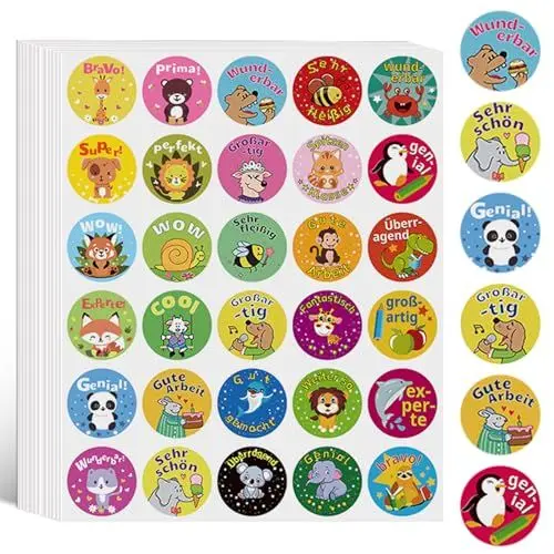 Produktbild: Vordpe 600 Stück Motivationsaufkleber für Kinder, Selbstklebende Runde Tier Belohnungsaufkleber, Sticker Motivationssticker, für Lehrer Eltern im Unterricht und zu Hause