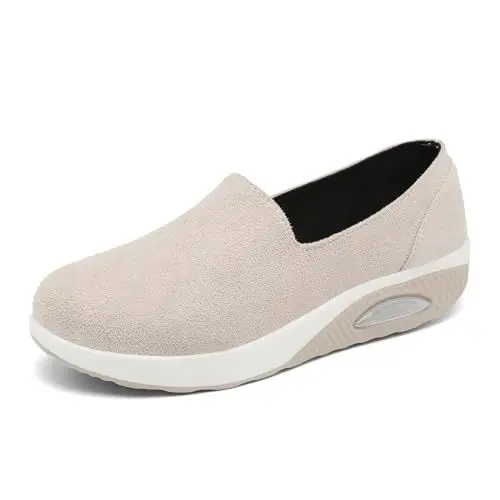Produktbild: Vorgelen Damen Freizeitschuhe Slip On Sneakers Keilabsatz Walking Schuhe Leicht Plateau Turnschuhe Fitness Laufschuhe Atmungsaktive Straßenlaufschuhe 291 Beige 41 EU = 42 CN