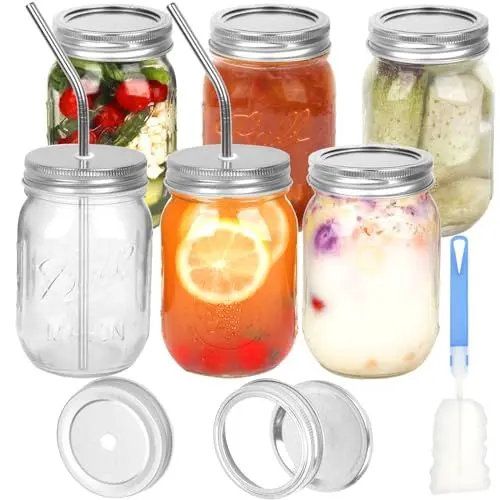 Produktbild: VORHOT 6 Stück Mason Jar, 500ml Einmachgläser mit Schraubdeckel Luftdichte und 2 Strohhalm Deckel, Klarglas Meal Prep Glas für Hausgemachte Marmelade, Einlegen, Overnight Oats, Saft