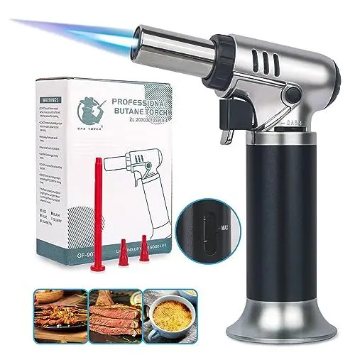 Produktbild: VORHOT Einstellbarer Flambierbrenner, Küchenbrenner mit Gasanzeige, Nachfüllbarer Bunsenbrenner mit Sicherheitsschloss, Brenner für Küche Crème Brulée Camping Grill Löten (Butan Nicht Inbegriffen)